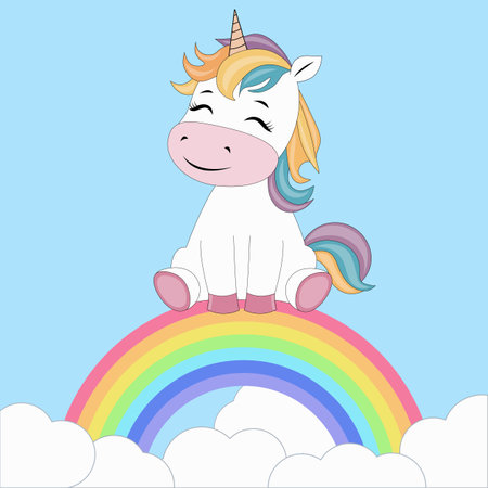 Cute unicorn sitting on the cloud with rainbow. Vector illustration.のイラスト素材