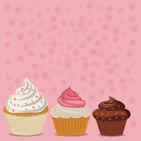 Three cupcakes on a pink backgroundのイラスト素材