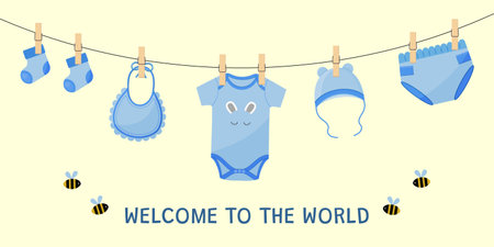 Baby shower welcome card with hanging baby boy clothesのイラスト素材