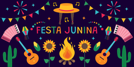 Festa Junina. Colorful symmetrical design on dark background. Banner, poster, postcardのイラスト素材