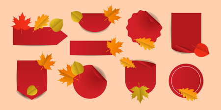 Set of blank red stickers for shopping, sales, special offers for the autumn season. Vector illustration.のイラスト素材