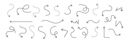 Set of decorative hand drawn arrows with curved and dotted lines. Vector arrows collection for infographics, presentationsのイラスト素材