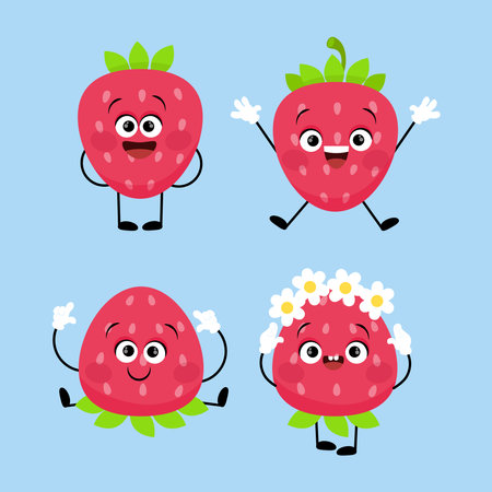 Set of strawberries characters with different emotions and in different positionsのイラスト素材