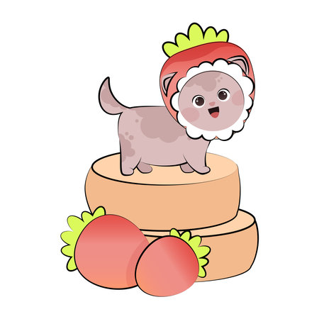 Cute kawaii kitten in a strawberry hat standing on pancakesのイラスト素材