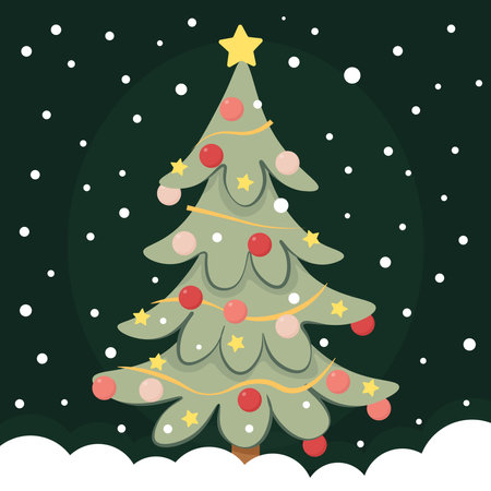Decorated Christmas tree on a dark background with falling snowのイラスト素材