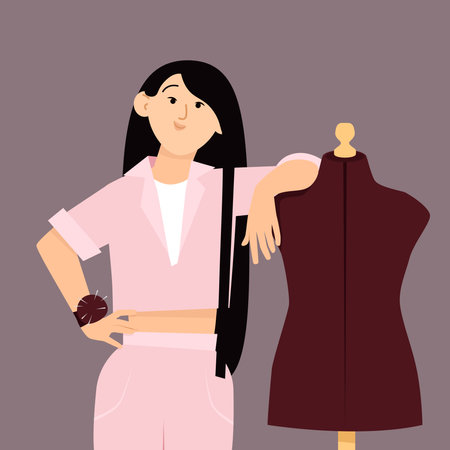 Young Asian woman seamstress with sewing mannequinのイラスト素材