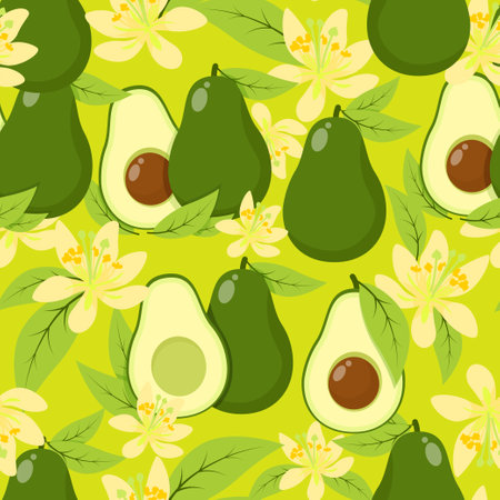 Exotic seamless pattern of avocado, leaves and flowers on a green backgroundのイラスト素材