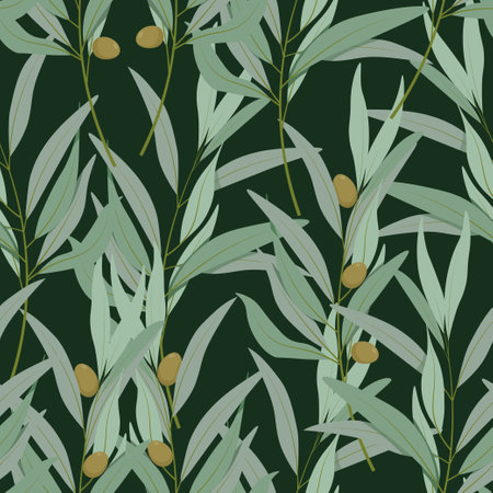 Seamless pattern of olive branches on a dark green backgroundのイラスト素材