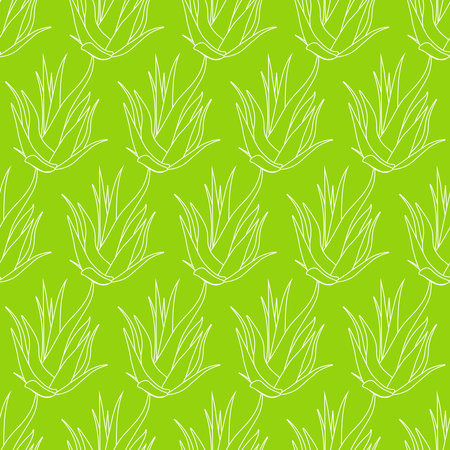 Green seamless pattern of Aloe vera plants in outline on a green backgroundのイラスト素材