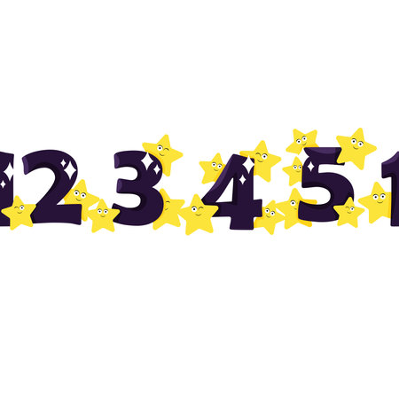 Cartoon purple numbers with stars in seamless borderのイラスト素材