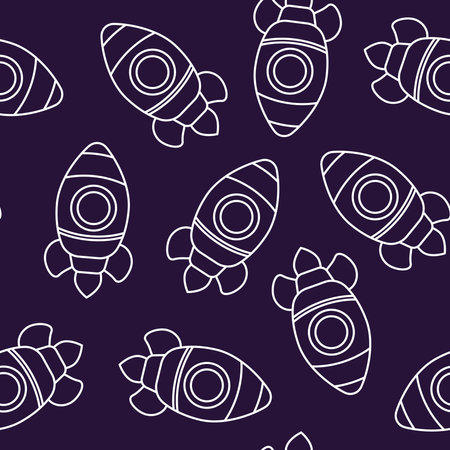 Seamless pattern of linear space rockets on a purple backgroundのイラスト素材
