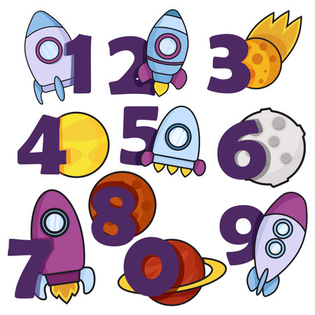Set of cartoon numbers 0-9 for children space rockets and planetsのイラスト素材