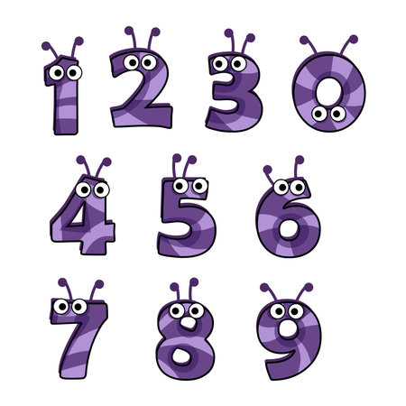 Cartoon numbers purple space aliens with eyesのイラスト素材