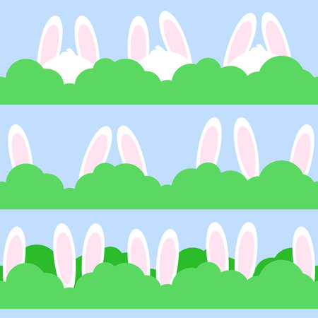 Seamless border of rabbit ears and green bushesのイラスト素材