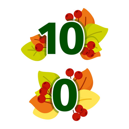 Set of cartoon numbers with autumn leaves and berriesのイラスト素材