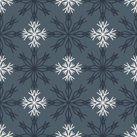 Seamless geometric Christmas pattern of white and gray snowflakes on dark gray backgroundのイラスト素材