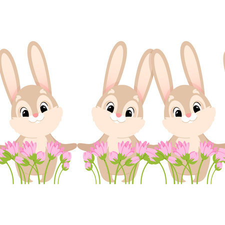 Easter seamless border with easter bunnies and flowersのイラスト素材