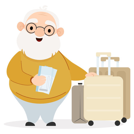 Senior cute cartoon character elderly man with suitcases for travelのイラスト素材