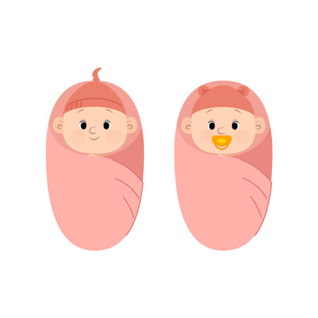Set of little newborn girls wrapped up and wearing cute hatsのイラスト素材