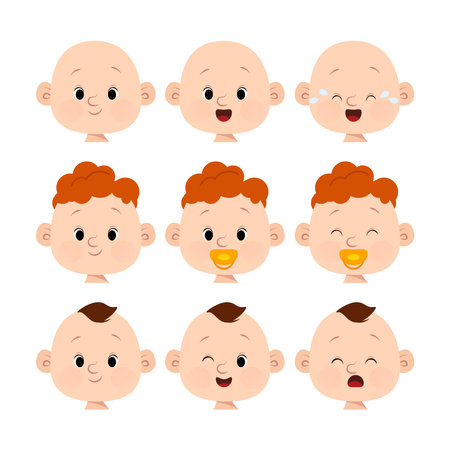 Set of newborn baby heads with different emotions and hairstylesのイラスト素材