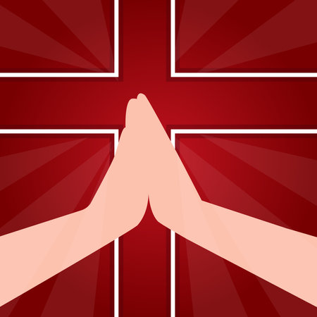 Hands in prayer against the background of the cross to Pentecost on a dark red backgroundのイラスト素材