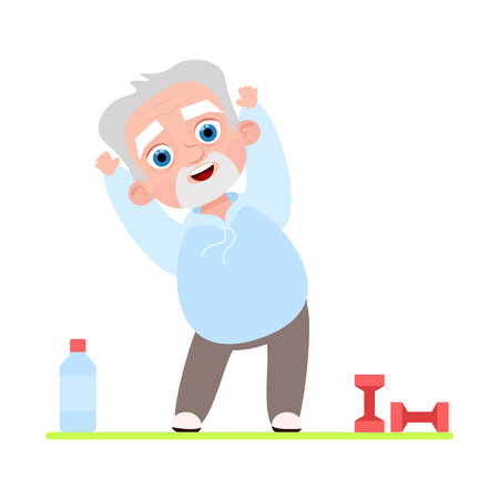 Smiling grandfather doing gymnastics at homeのイラスト素材