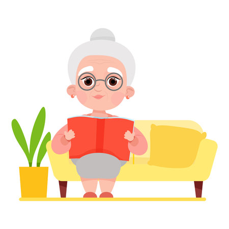 Cute grandma sitting on the sofa with a book in the roomのイラスト素材