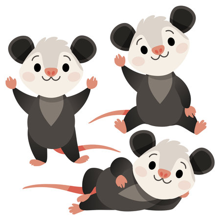 A set of cartoon smiling cute possums in different posesのイラスト素材