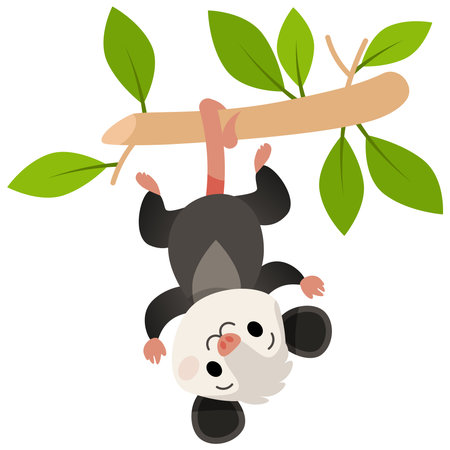 A cute cartoon possum hangs upside down by its tail with green leavesのイラスト素材