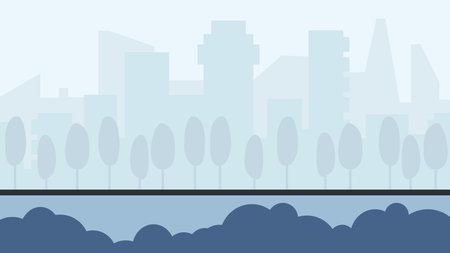 Cityscape of high-rise buildings, empty road and trees in a rowのイラスト素材