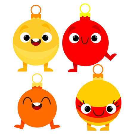 Set of smiling colorful Christmas tree decoration balls charactersのイラスト素材