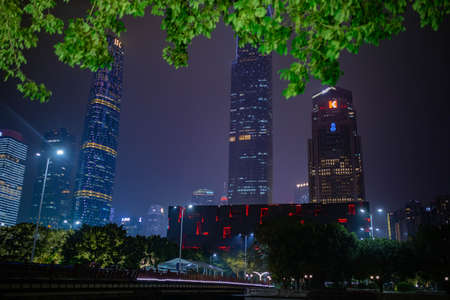 Guangzhou, China - October 12, 2019. View of the theater, skyscrapers, International Finance Center in Guangzhou in the evening near the Pearl riverのeditorial素材