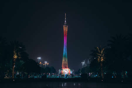 Night Of Guangzhou. Multicolored Canton Tower on the square.のeditorial素材
