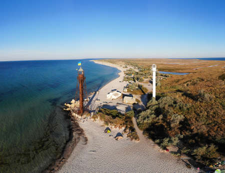 Aerial view of the old and new lighthouses on the Black Sea coast on the island of Dzharylhachの写真素材