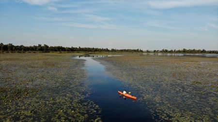 Aerial view of young man floats on an orange kayak on the overgrown river. Ukraine, Europeの写真素材
