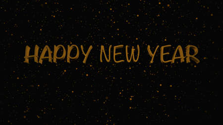 Happy New Year greeting text with gold particles on black background. Render. Celebrationの写真素材