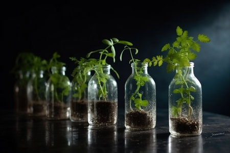 Small plants growing from recycles glass and plastic bottles. DIY sustainable home gardening. Generative AIの素材