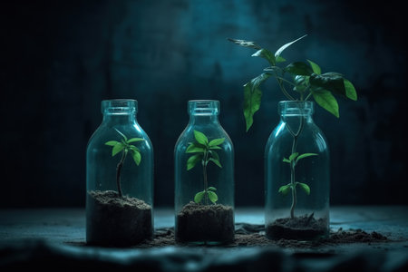 Small plants growing from recycles glass and plastic bottles. DIY sustainable home gardening. Generative AIの素材