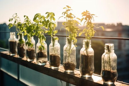 Small plants growing from recycles glass and plastic bottles. DIY sustainable home gardening. Generative AIの素材