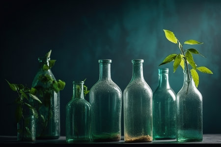 Small plants growing from recycles glass and plastic bottles. DIY sustainable home gardening. Generative AIの素材