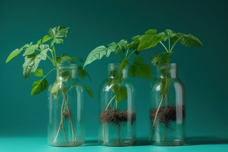 Small plants growing from recycles glass and plastic bottles. DIY sustainable home gardening. Generative AIの素材