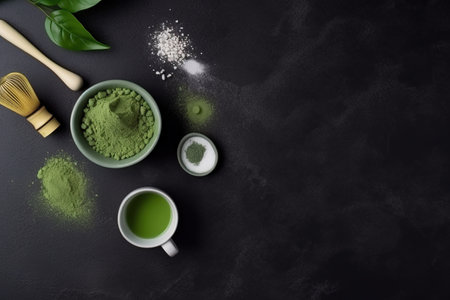 Matcha top view, powder, cups and preparation process. Flat lay. generative aiの素材