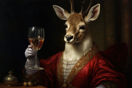 Holiday Christmas deer drinking glass of wine on a historic style portrait. Medieval pop art.の素材