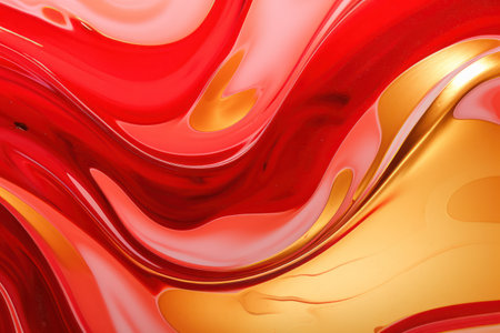 Abstract liquid background of red and golden paint wavy surface. Christmas organic creative background. High quality photoの素材