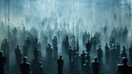 Many anonymous people in future world. Overpopulation concept. Mass production and mass consumption.の素材