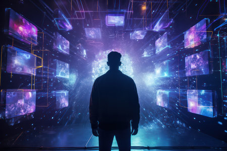 Back view of a man in front of many digital screens in dark room with neon light. Streaming services, metaverse, social media life conceptの素材