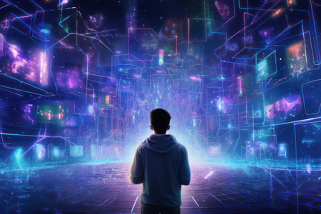 Back view of a man in front of many digital screens in dark room with neon light. Streaming services, metaverse, social media life conceptの素材