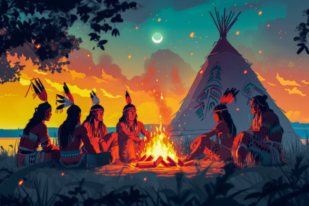 native american Indigenous people sitting near the bonfire on circle near the wigwam at night on full moon. High quality photoの素材