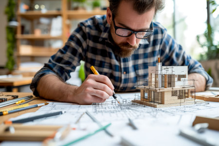 middle age man architect doing layout of building on the table in his office. High quality photoの素材