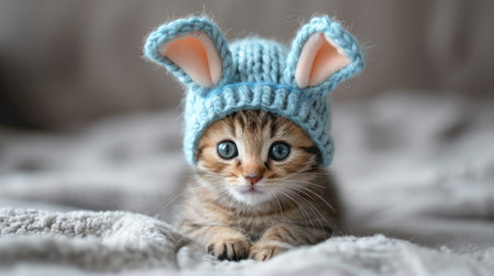 Charming tabby kitten with a blue knitted bunny hat, lying downの素材